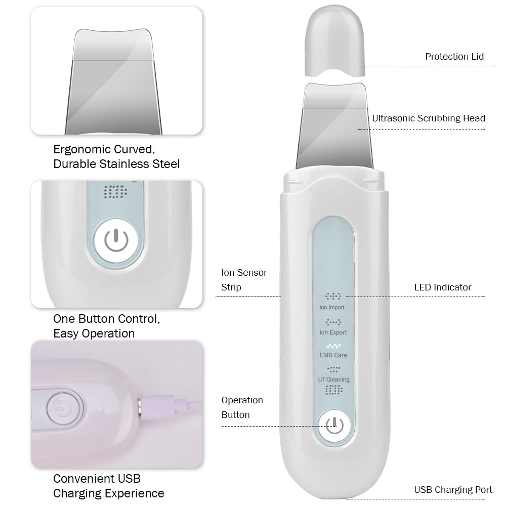 Ultrasonic Skin Scrubber Ultrasound Ion Deep Facial Cleansing Machine Remove Blackhead Wrinkle Pore Clean Face Vibrator Massage