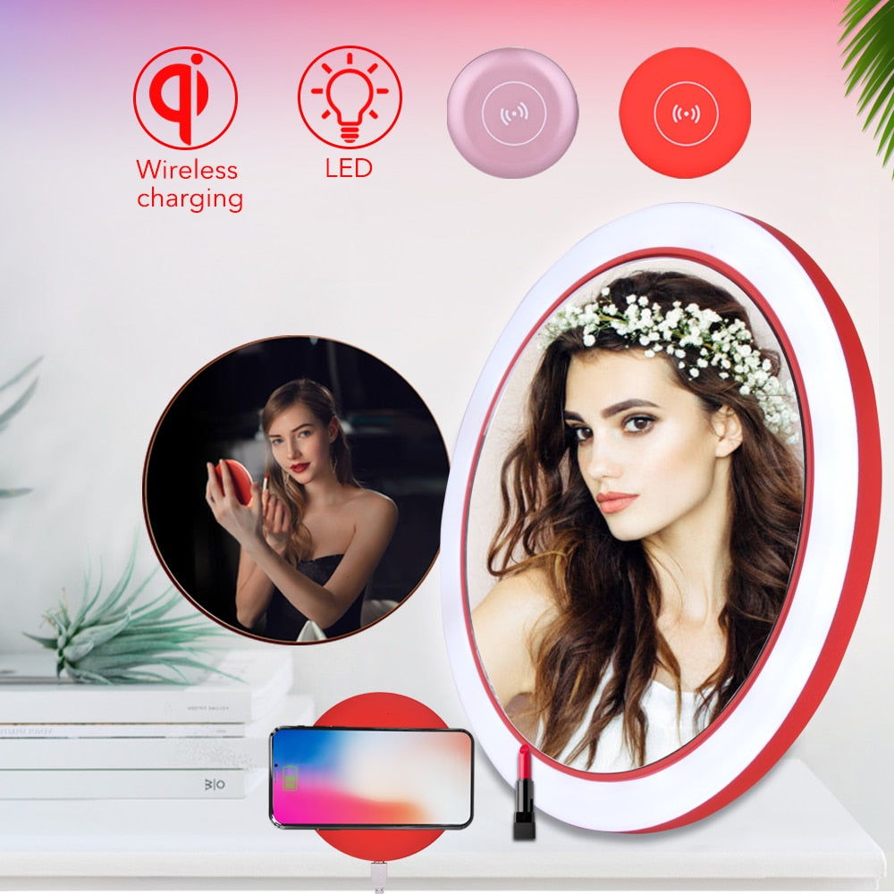 Portable LED Makeup Mirror Adjustable Lighted Mini Circular Travel Sensing Lighting Cosmetic Mirror Wireless USB Charging